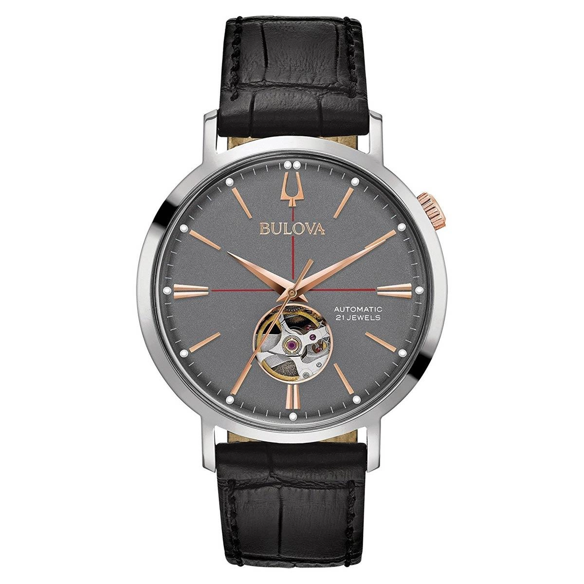 Bulova 98A187 Men's Classic Automatic Grey Semi-Skeleton Dial Black Leather Strap Watch