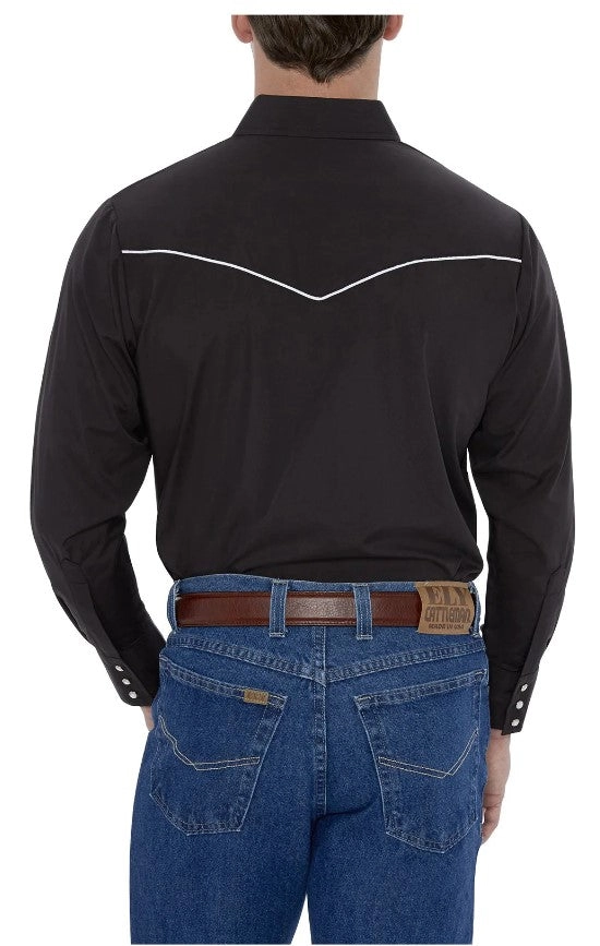 Men's Ely Cattleman Long Sleeve Western Snap Shirt with Contrast Piping 15202980-BLACK W/WHITE PIPE-S