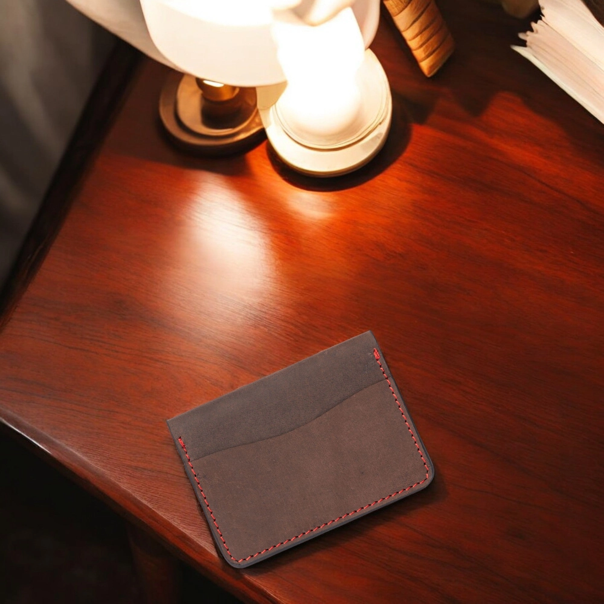 The Diablo Card Holder - Brown Full Grain Leather Card Holder With Red Hand Stitching