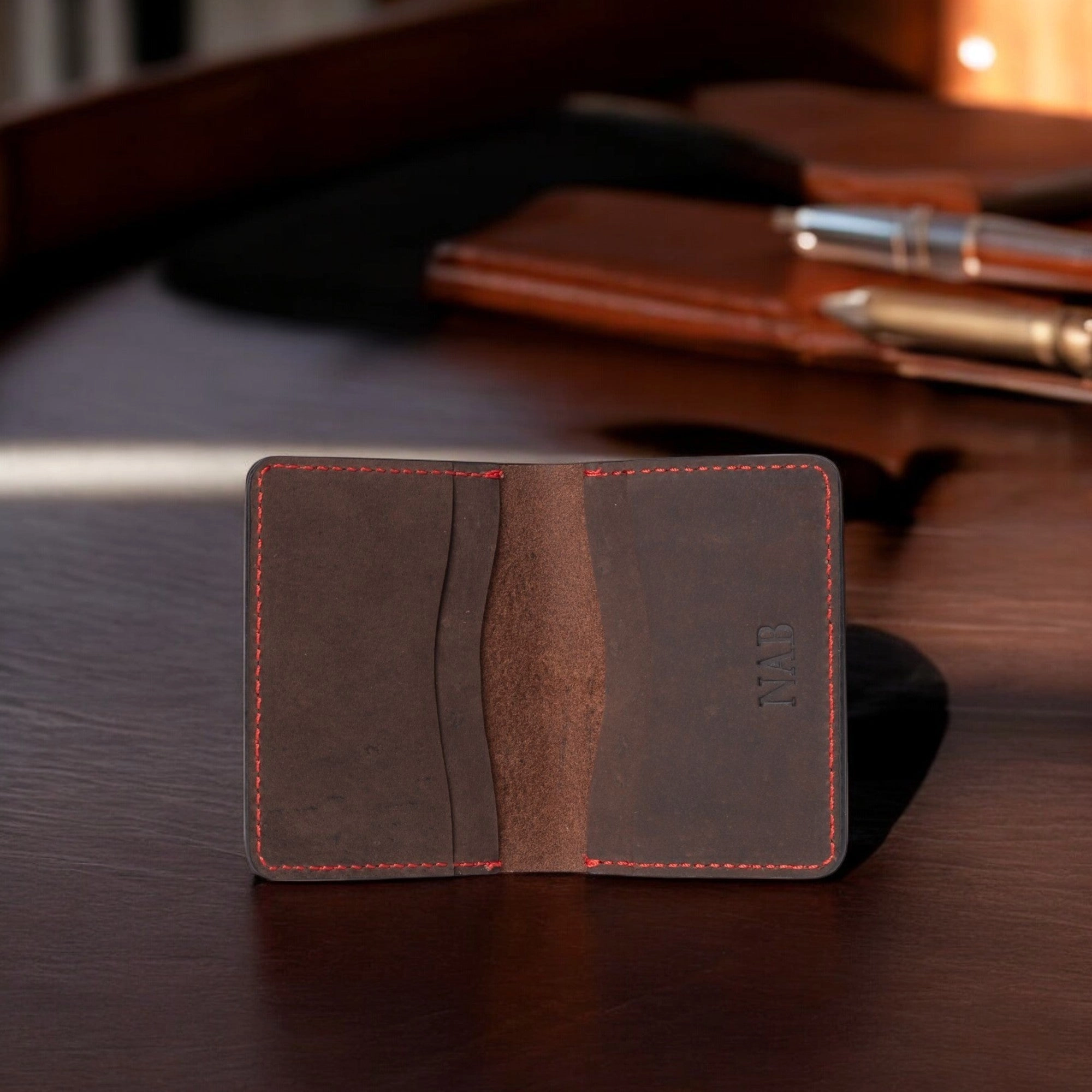 The Diablo Card Holder - Brown Full Grain Leather Card Holder With Red Hand Stitching