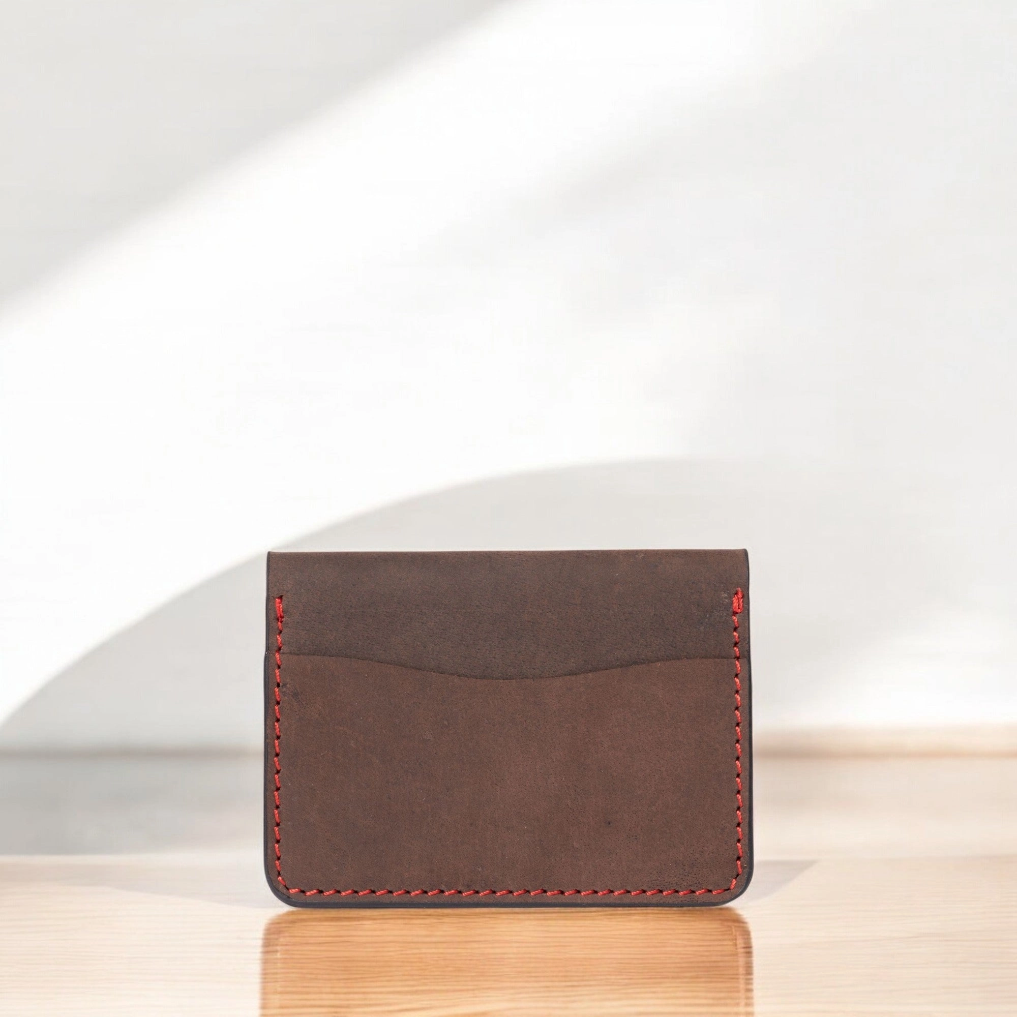 The Diablo Card Holder - Brown Full Grain Leather Card Holder With Red Hand Stitching