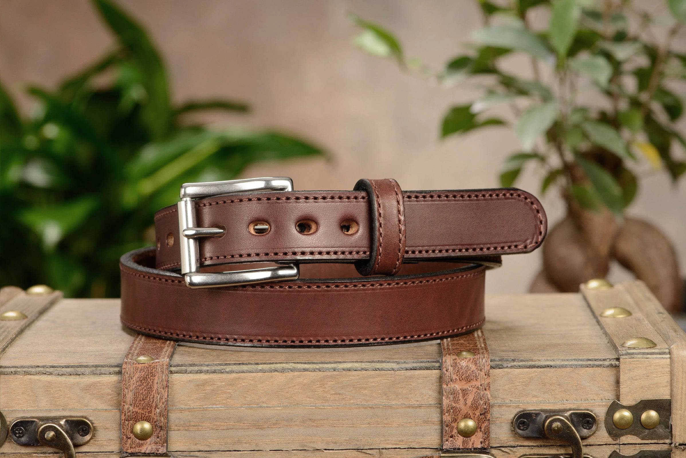 The Eastwood: Men's Brown Stitched Leather Belt Max Thick 1.25"
