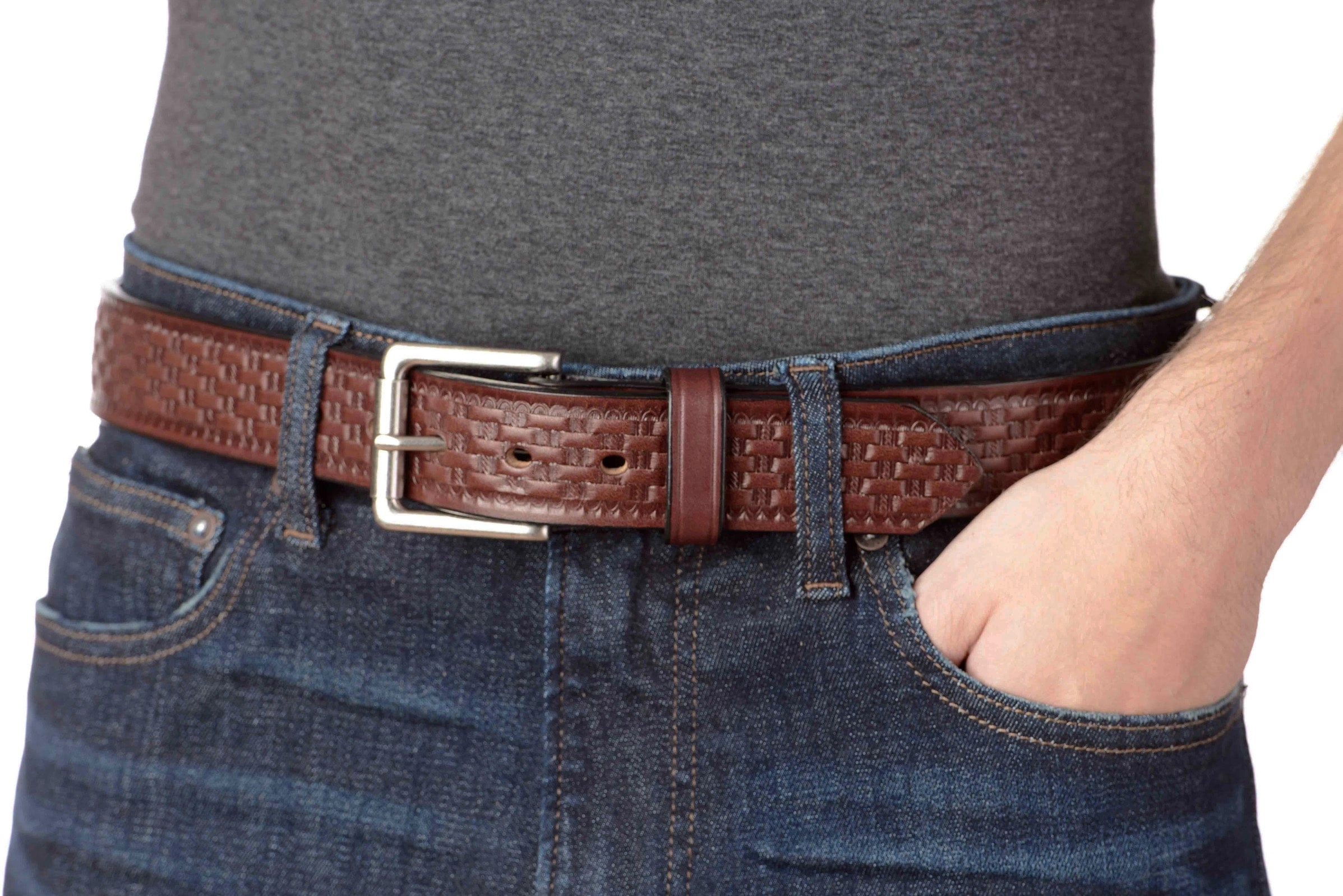The Maverick: Men's Brown Basket Weave Leather Belt 1.50"
