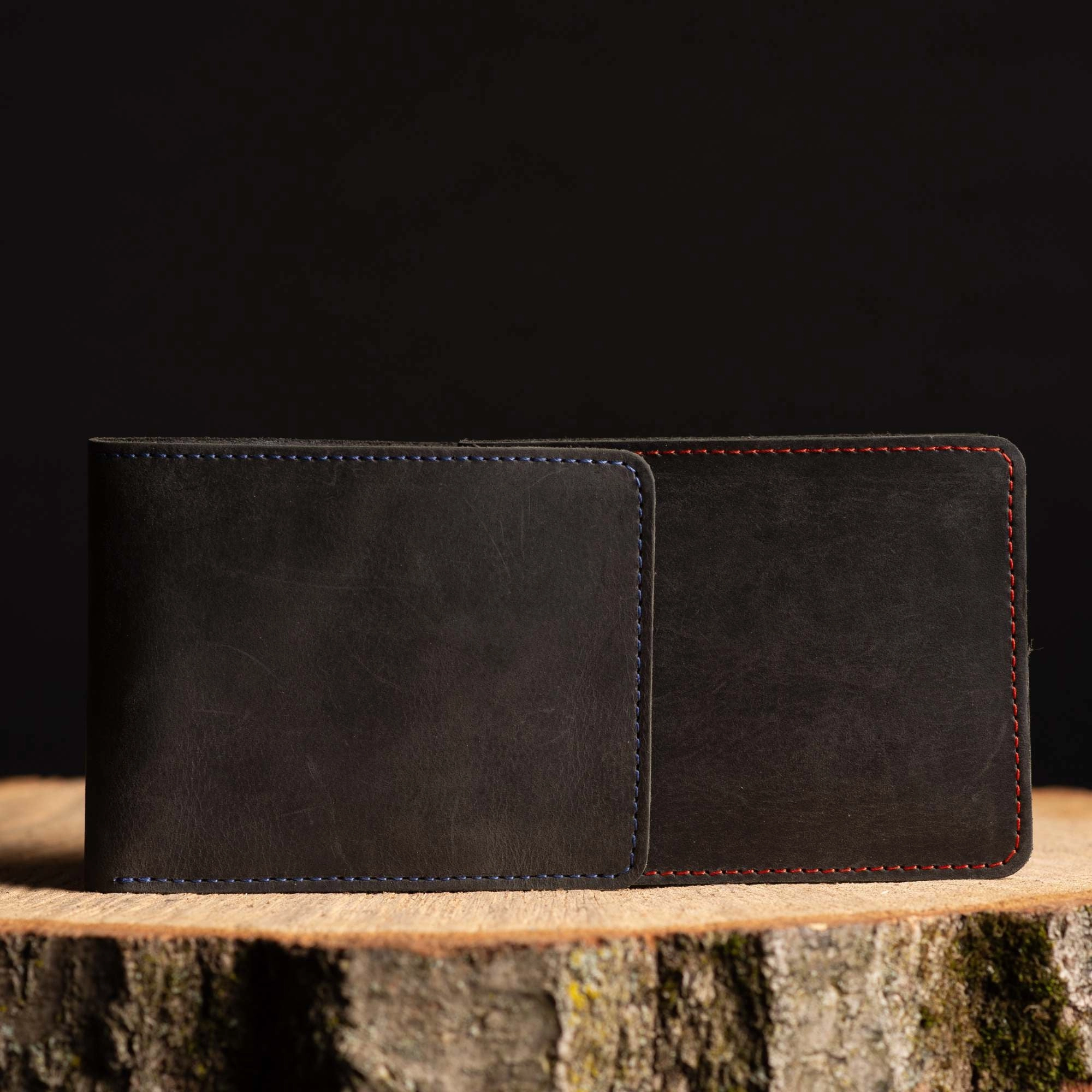 The Poseidon Wallet - Black Full-Grain Leather Wallet with Blue Stitching