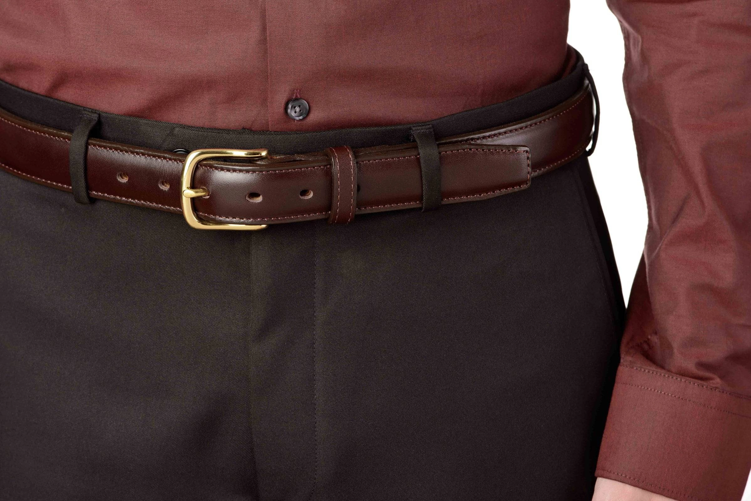 The Stallion: Men's Chocolate Brown Stitched Italian Leather Belt With Brass Buckle 1.25"