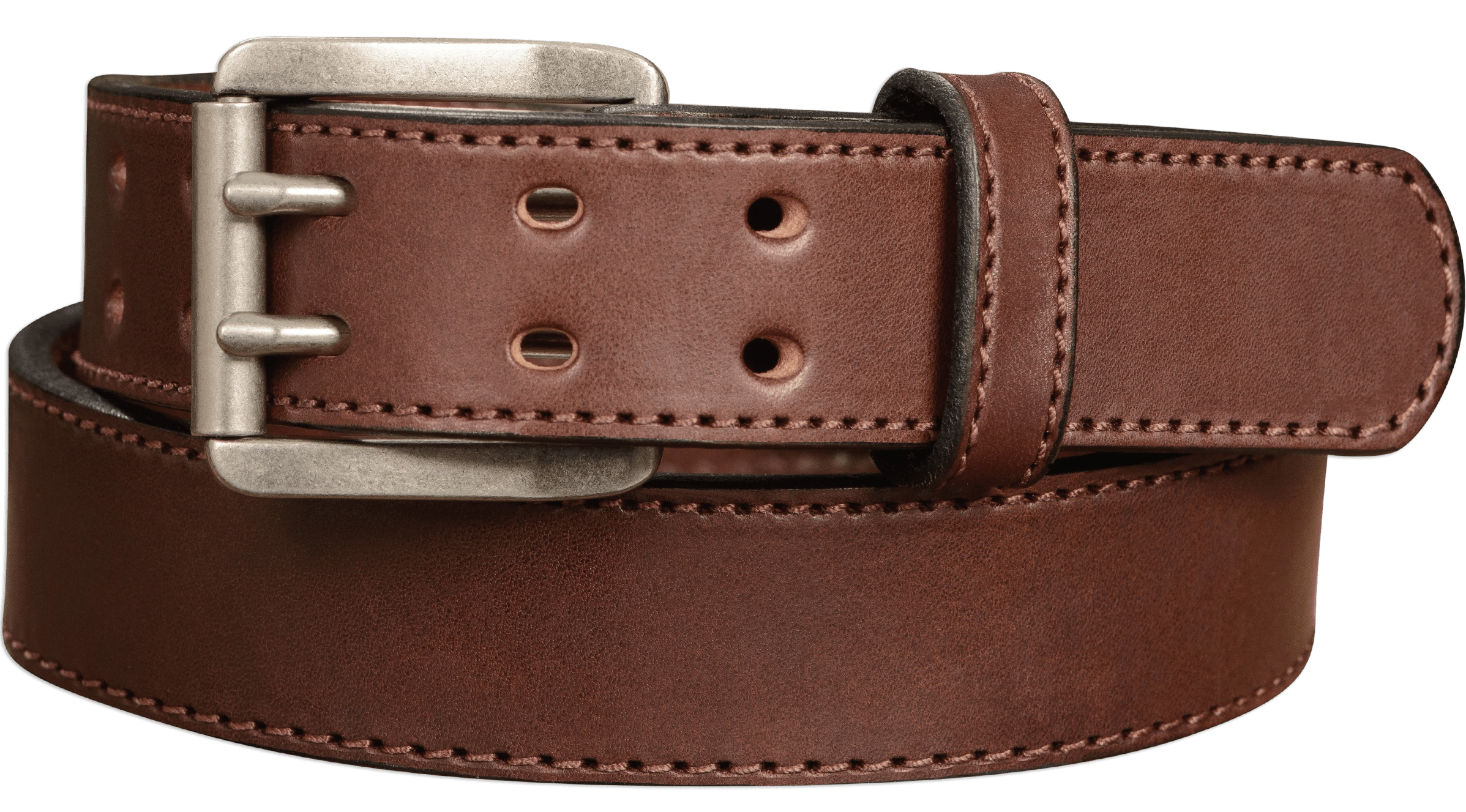 The Viper: Men's Brown Stitched Leather Belt With Double Prong Nickel Buckle - 1.50" Max