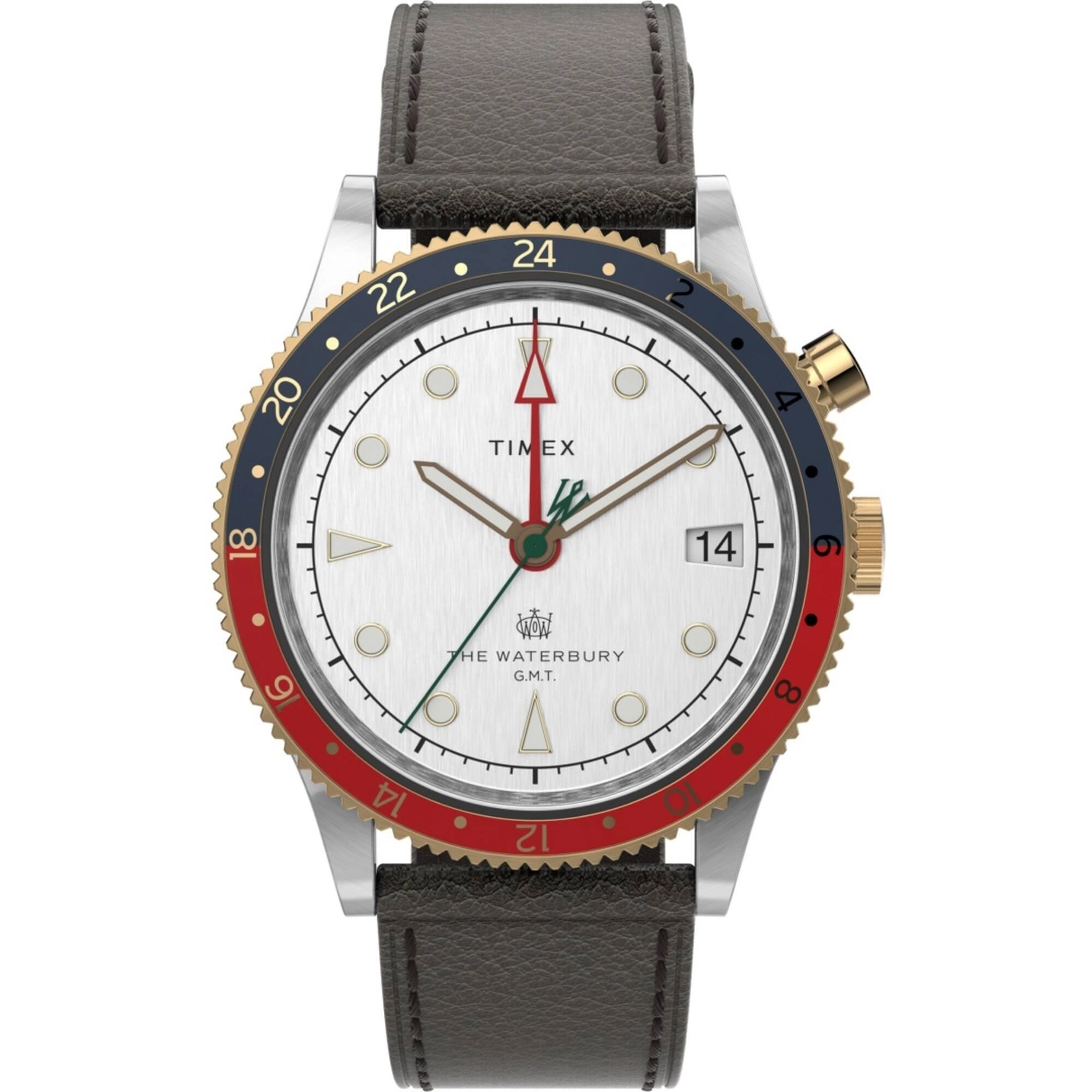 Timex Men's Watch - Waterbury Traditional GMT White Dial Leather Strap | TW2U99100